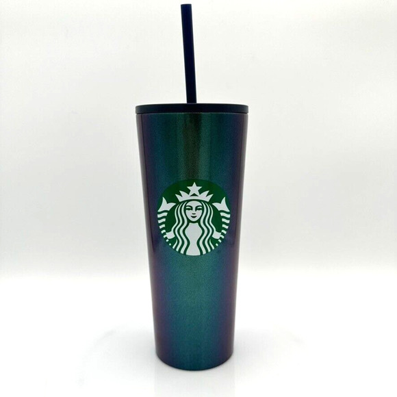 NEW Starbucks 2021 Iridescent Green Blue Metallic Stainless Steel Tumbler 18 oz - Picture 1 of 7